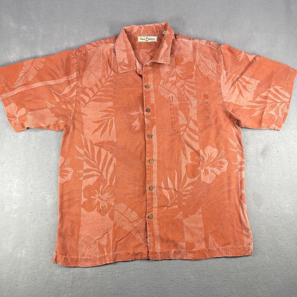 Tommy Bahama Shirt Mens Size Large Orange Button UP Hawaiian Silk Floral